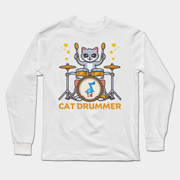 Cat Playing Drums Long Sleeve T-Shirt by Inktopolis